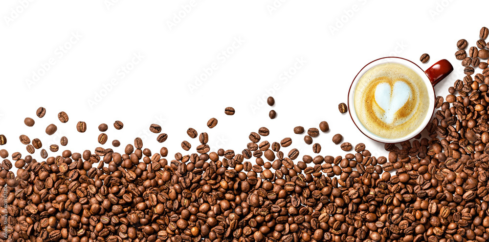 Naklejka premium Coffee beans on white background. Top view of coffee beans with a cup of cappuccino coffee. Copy space for text
