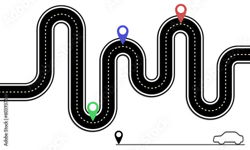 Road location infographic template with a pointer to a pin. Winding roads on a colorful background. Stylish road ribbons with cars