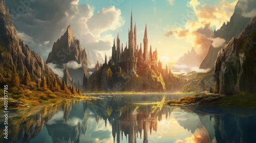 壮大な自然風景と西洋の城のイラスト,Generative AI AI画像