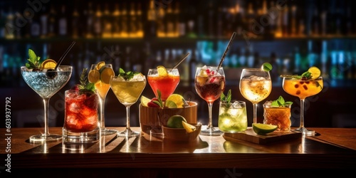 Bunch of cocktails in the bar. Beautiful illustration picture. Generative AI