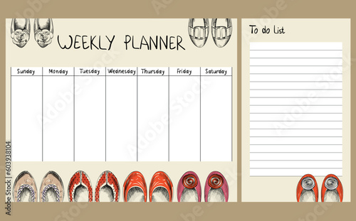 Hand drawing vector weekly planner with shoes.