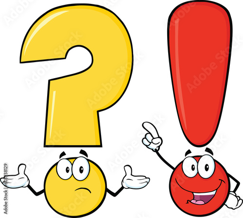Question Mark And Exclamation Mark Cartoon Characters. Hand Drawn Illustration Isolated On Transparent Background