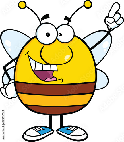 Pudgy Bee Cartoon Character Pointing With Finger. Hand Drawn Illustration Isolated On Transparent Background