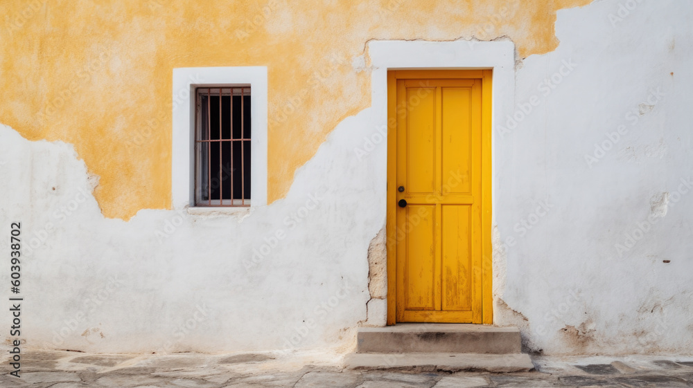 A white wall with a yellow door and window. Generative AI.