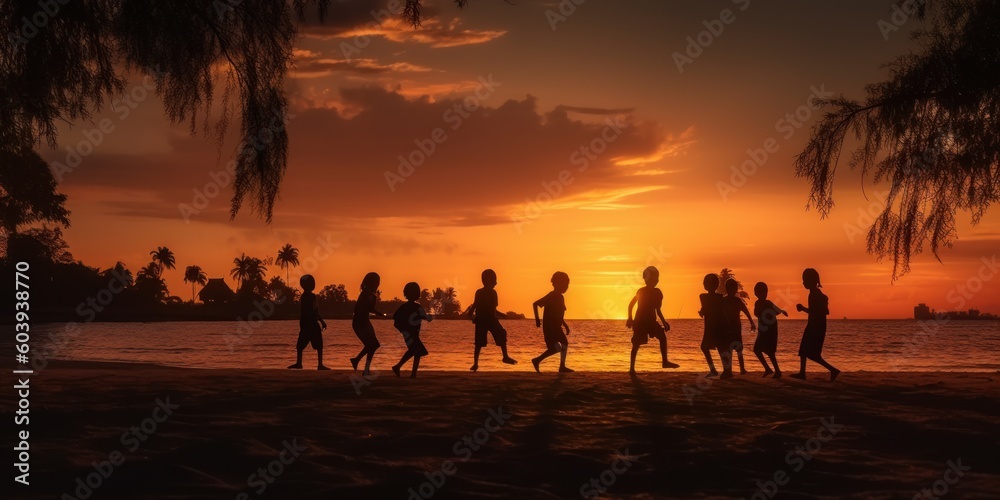 Silhouette Group of KidsPlaying and Having Fun on The Beach, Summer Sunset Background. Generative AI