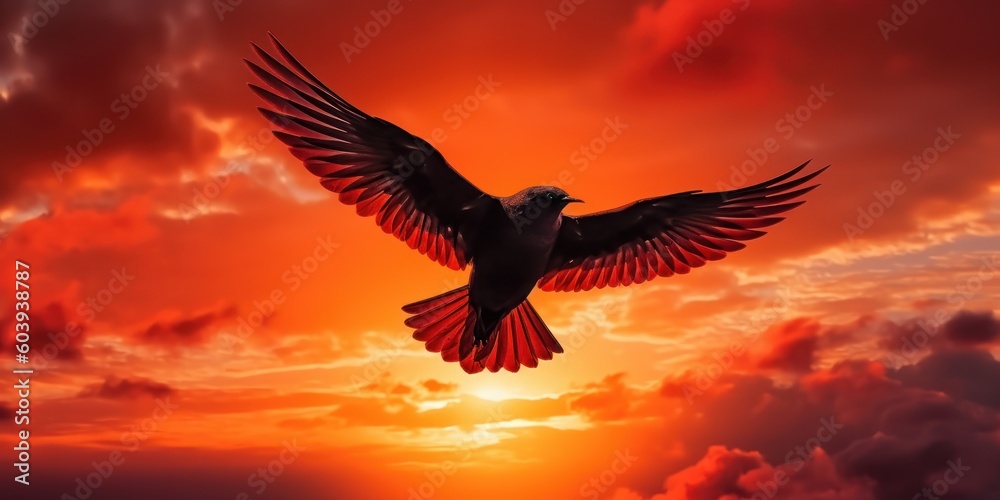 Obraz premium Silhouette of bird flying on sunset orange sky background. Generative AI