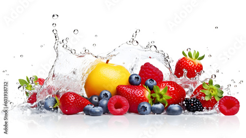 Mixed fruits and berries in water splash on white background