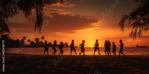 Silhouette Group of KidsPlaying and Having Fun on The Beach  Summer Sunset Background. Generative AI