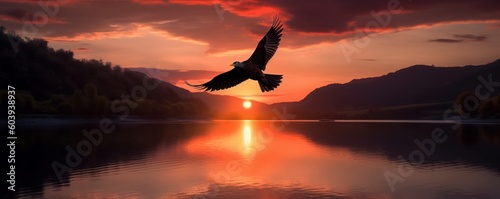 Silhouette of bird flying on sunset background with river and mountain landscape. Generative AI