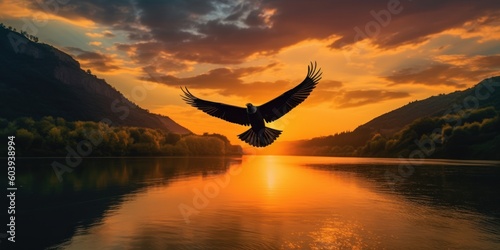 Silhouette of bird flying on sunset background with river and mountain landscape. Generative AI