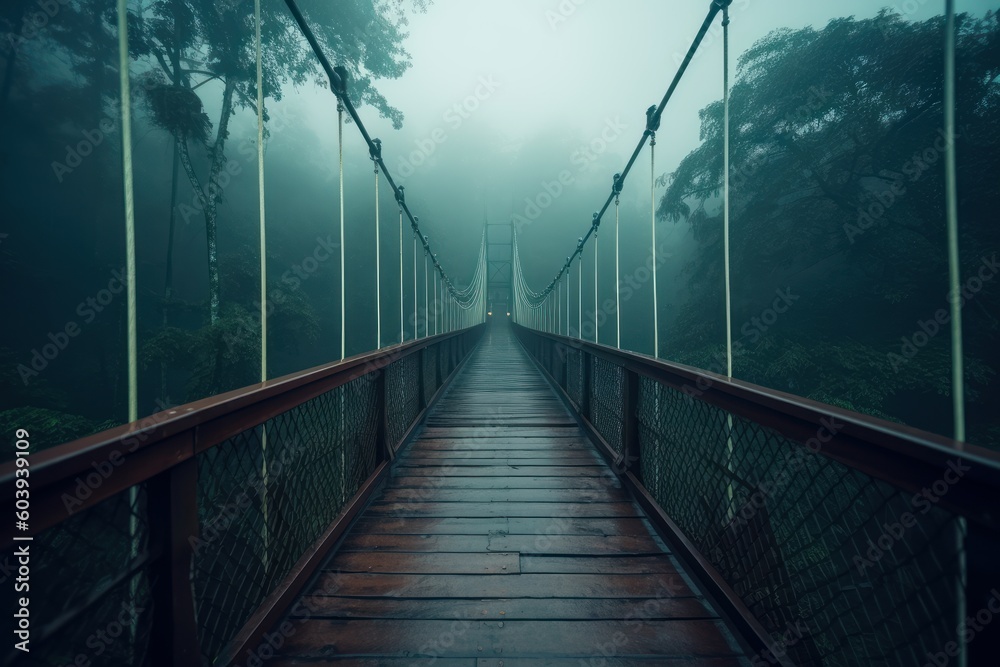 Obraz premium Suspension bridge in the jungle at foggy weather. Beautiful illustration picture. Generative AI