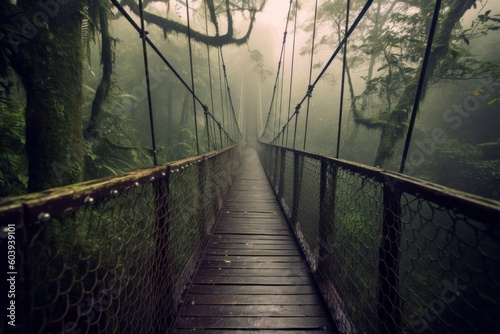 Suspension bridge in the jungle at foggy weather. Beautiful illustration picture. Generative AI
