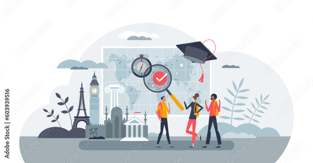 Study abroad and international education for learning tiny person concept, transparent background. Travel to Europe university for graduation and diploma illustration.