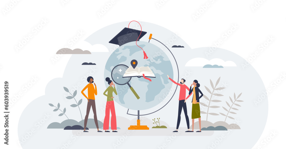 Global education and learning abroad for knowledge tiny person concept, transparent background. Study in university for academic wisdom illustration. Travel to get diploma and college graduation. - obrazy, fototapety, plakaty 