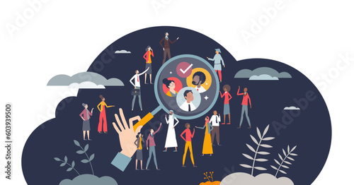Targeted audience for effective and accurate marketing tiny person concept, transparent background. Advertising strategy with focused group illustration. Find customer from crowd.