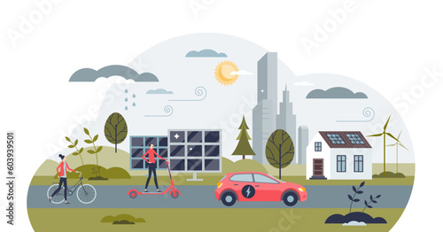 Renewable energy sources and green powered transportation tiny person concept, transparent background. Wind turbine and solar panels as sustainable and environmental solution.