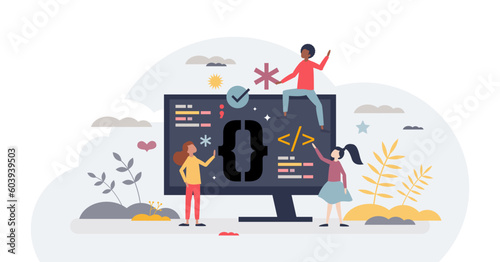 Coding for kids and writing script in digital language tiny person concept, transparent background. Code learning for website project development illustration. Technology education for young children.
