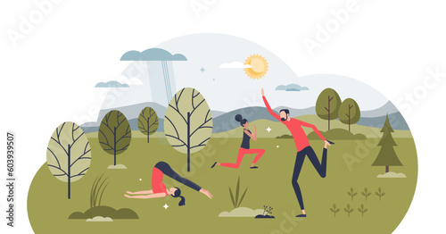 Yoga activity as outdoor physical activity for good posture tiny person concept, transparent background. Stretching, strength exercises and wellness for healthy body illustration.