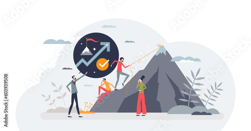 Motivation and inspiration for professional growth tiny person concept, transparent background.Ambition to succeed goals as climbing and reach top illustration.