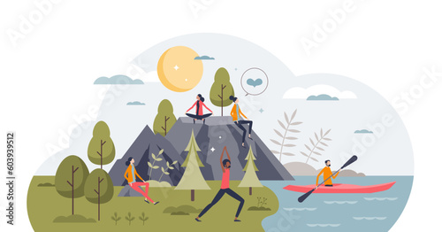 Mindfulness and active body training in nature for mental balance tiny person, transparent background. Meditation, yoga, relaxation or sport exercises for body and soul enlightenment illustration.