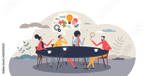 Collaboration and business team meeting with discussion tiny person concept, transparent background. Company partnership and new idea generation with colleague brainstorm process illustration.