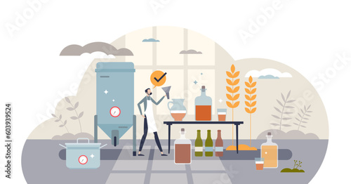 Home brewing as beer, wine or spirit distillation process tiny person concept, transparent background.Hobby style brewery with craft ale or lager type beverage illustration.