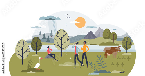 Nature and green environment beauty in ecological field tiny person concept, transparent background. Animals and birds flora or fauna protection, respect and conservation illustration.