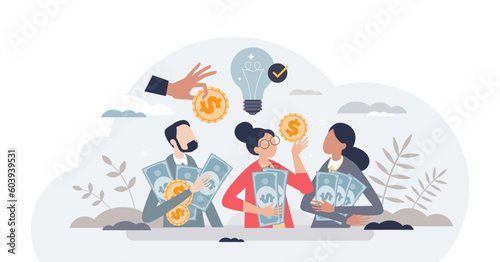 Crowdfunding as money raising for business project tiny person concept, transparent background. Financial support for new startup company with innovative idea illustration.