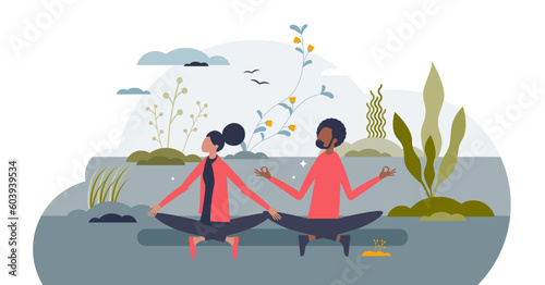 Meditation as process for peace  calm body and mind tiny person concept  transparent background.Mindfulness practice for couples illustration.