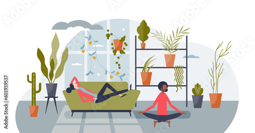 Mental peace and body relaxation at home for couple tiny person concept, transparent background.Positive mind relief with meditation mindset illustration.