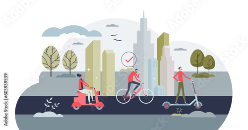 Micromobility as sustainable urban transportation type tiny person concept, transparent background. Healthy and active transport sharing method with bicycle or electric scooter illustration.