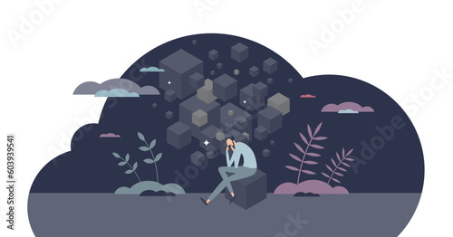 Mental health issues and clinical depression problem tiny person concept, transparent background. Psychological disorder and mind diagnosis for anxiety, bipolar emotion and sad feelings illustration.