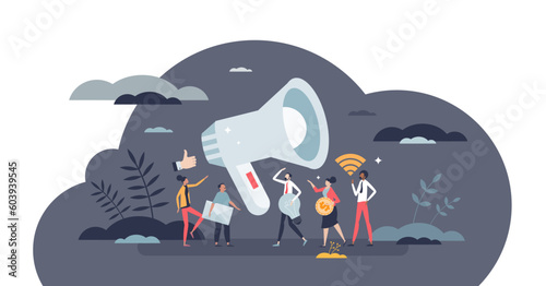 Marketing activity with social media campaign for brand tiny person concept, transparent background. Communication with customers with promotion as influence.