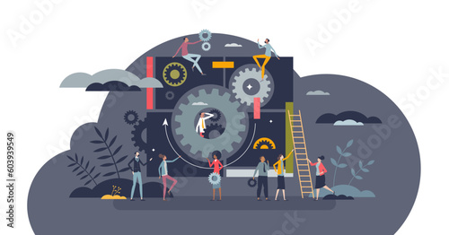 Productivity and company work efficiency management tiny person concept, transparent background. Performance progress with effective task control and teamwork illustration.
