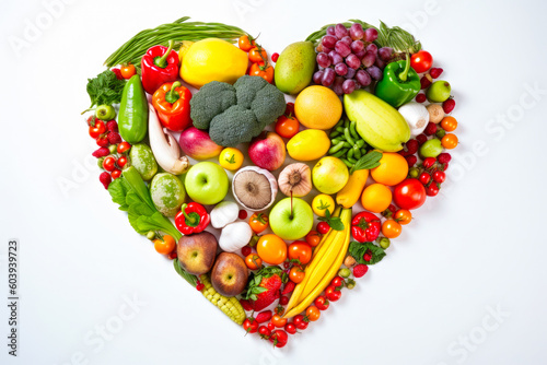 Heart shape of colorful mix fresh fruits and vegetables with white background. Concepts of cardiovascular health, healthy food, natural eating, diet, nutrition and slimming. Generative AI.