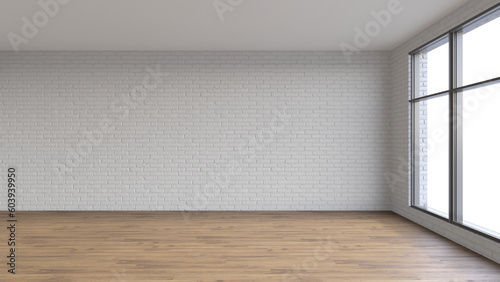 Empty living room interior mockup with white brick wall, wooden floor and big panoramic window with transparent background