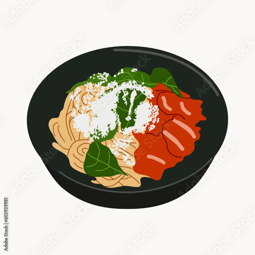Homemade italian fettuccine pasta with bacon, spinach and cheese (Fettuccine al Funghi Porcini). Traditional Italian cuisine. Flat vector illustration isolated on white background