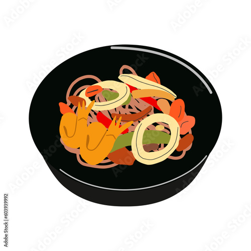Homemade italian fettuccine pasta with seafood and vegetables (Fettuccine al Funghi Porcini). Traditional Italian cuisine. Flat vector illustration isolated on white background