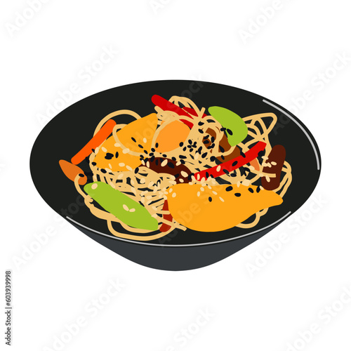 Homemade italian fettuccine pasta with vegetables and sesame (Fettuccine al Funghi Porcini). Traditional Italian cuisine. Flat vector illustration isolated on white background