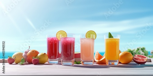 Freshy Summer Fruits Juiceson Tropical Beach Background, Healthy Beverage Rich in Vitamins. Generative Ai