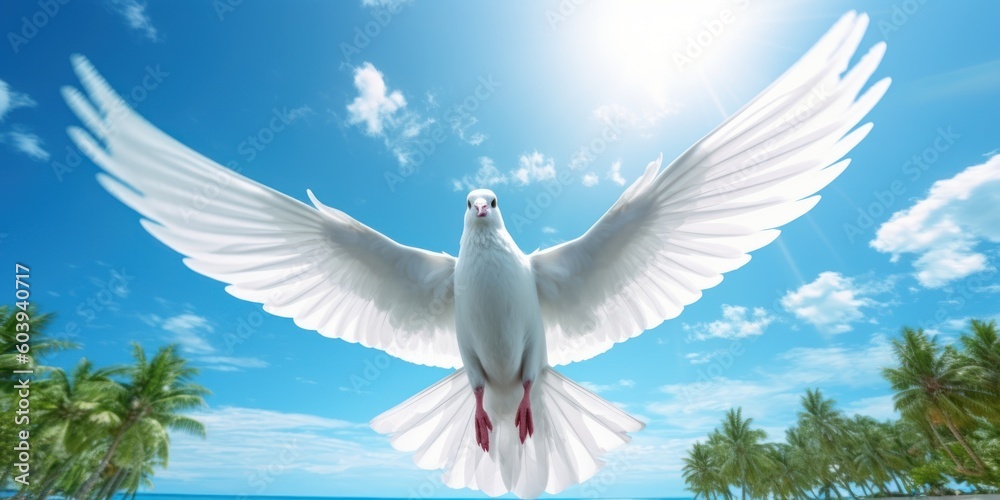 Obraz premium White Dove Flying on Blue Sky Background, Bird of Peace Symbol, International Peace Day. Generative Ai