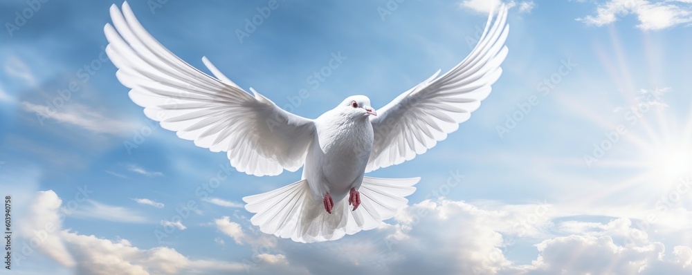Obraz premium White Dove Flying on Blue Sky Background, Bird of Peace Symbol, International Peace Day. Generative Ai