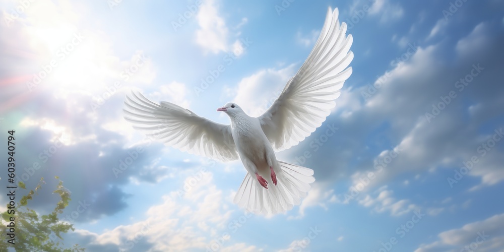 Fototapeta premium White Dove Flying on Blue Sky Background, Bird of Peace Symbol, International Peace Day. Generative Ai