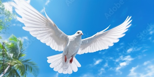 White Dove Flying on Blue Sky Background, Bird of Peace Symbol, International Peace Day. Generative Ai