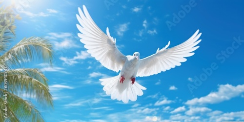 White Dove Flying on Blue Sky Background, Bird of Peace Symbol, International Peace Day. Generative Ai © CYBERUSS