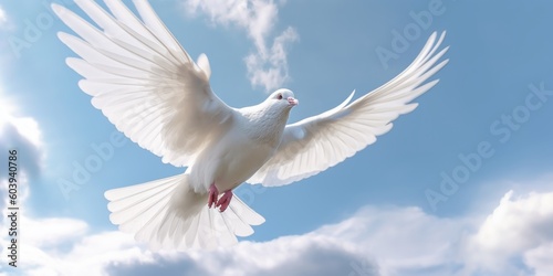 White Dove Flying on Blue Sky Background  Bird of Peace Symbol  International Peace Day. Generative Ai