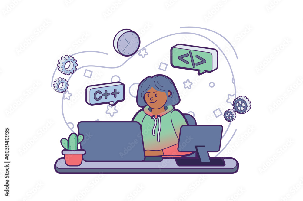 Programming concept with people scene in the flat cartoon style. A programmer writes code for programs using special programming languages. Vector illustration. Programming concept with people scene in the flat cartoon style. A programmer writes code for programs using special programming languages. Vector illustration.