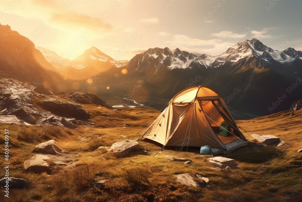 Mountain Sunset Camping. Generative AI