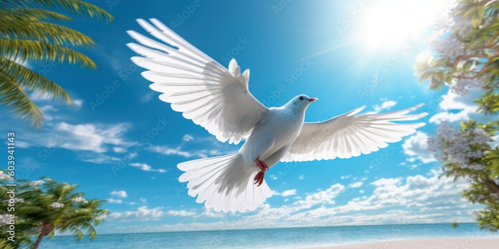 Obraz premium White Dove Flying on Tropical Beach Sea Background, Bird of Peace Symbol, International Peace Day. Generative Ai