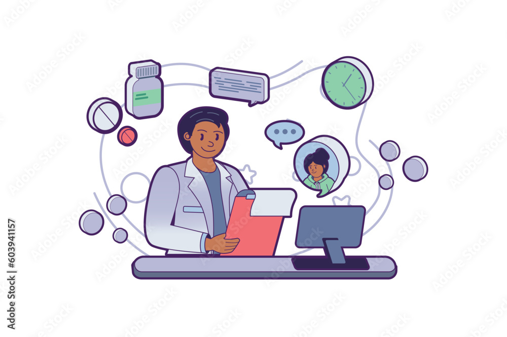 Online pharmacy concept with people scene in the flat cartoon style. A pharmacist writes a prescription with medicine for a patient via the Internet. Vector illustration. Online pharmacy concept with people scene in the flat cartoon style. A pharmacist writes a prescription with medicine for a patient via the Internet. Vector illustration.